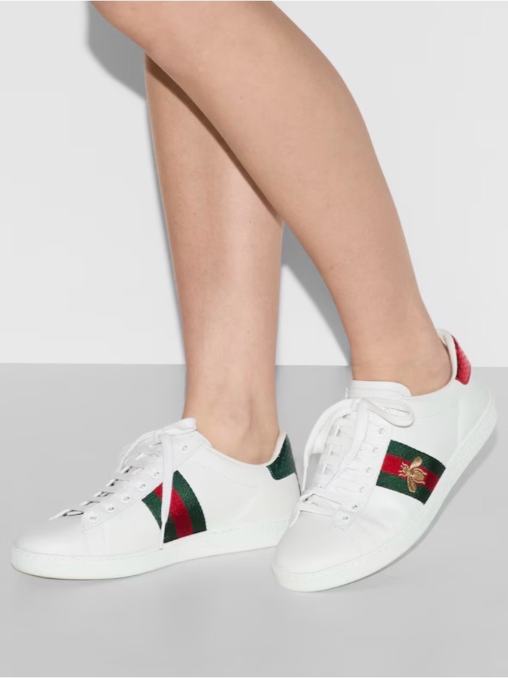 Gucci White Leather Sneakers with Green & Red Web and Gold Bee